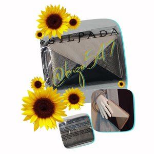 New Package Silpada Metallic Pewter Pebbled Zipper Wristlet Clutch Black Cream
